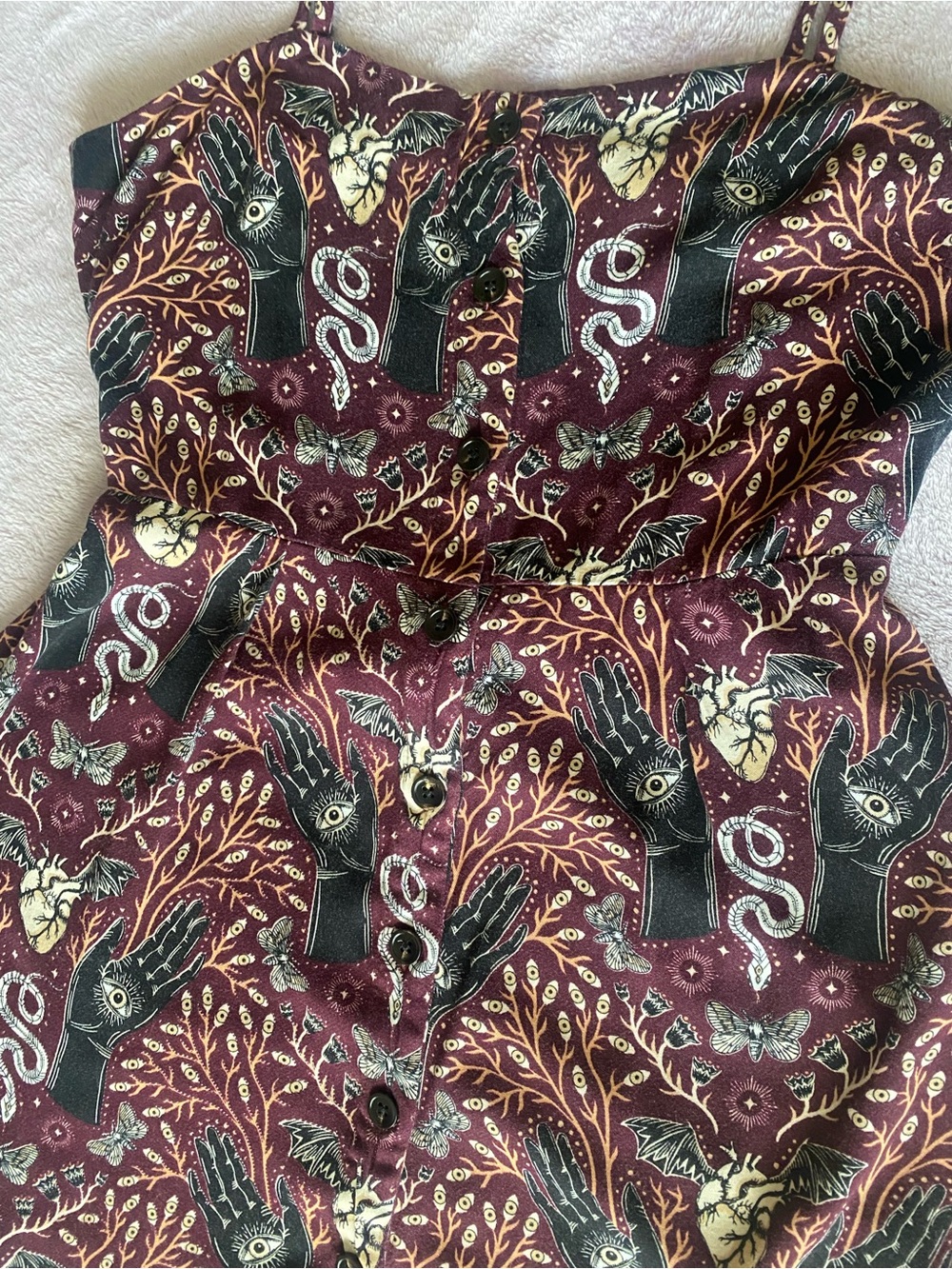 Disturbia Burgundy Occult Print Button Front Mini Dress Witchy Gothic - Picture 3 of 11